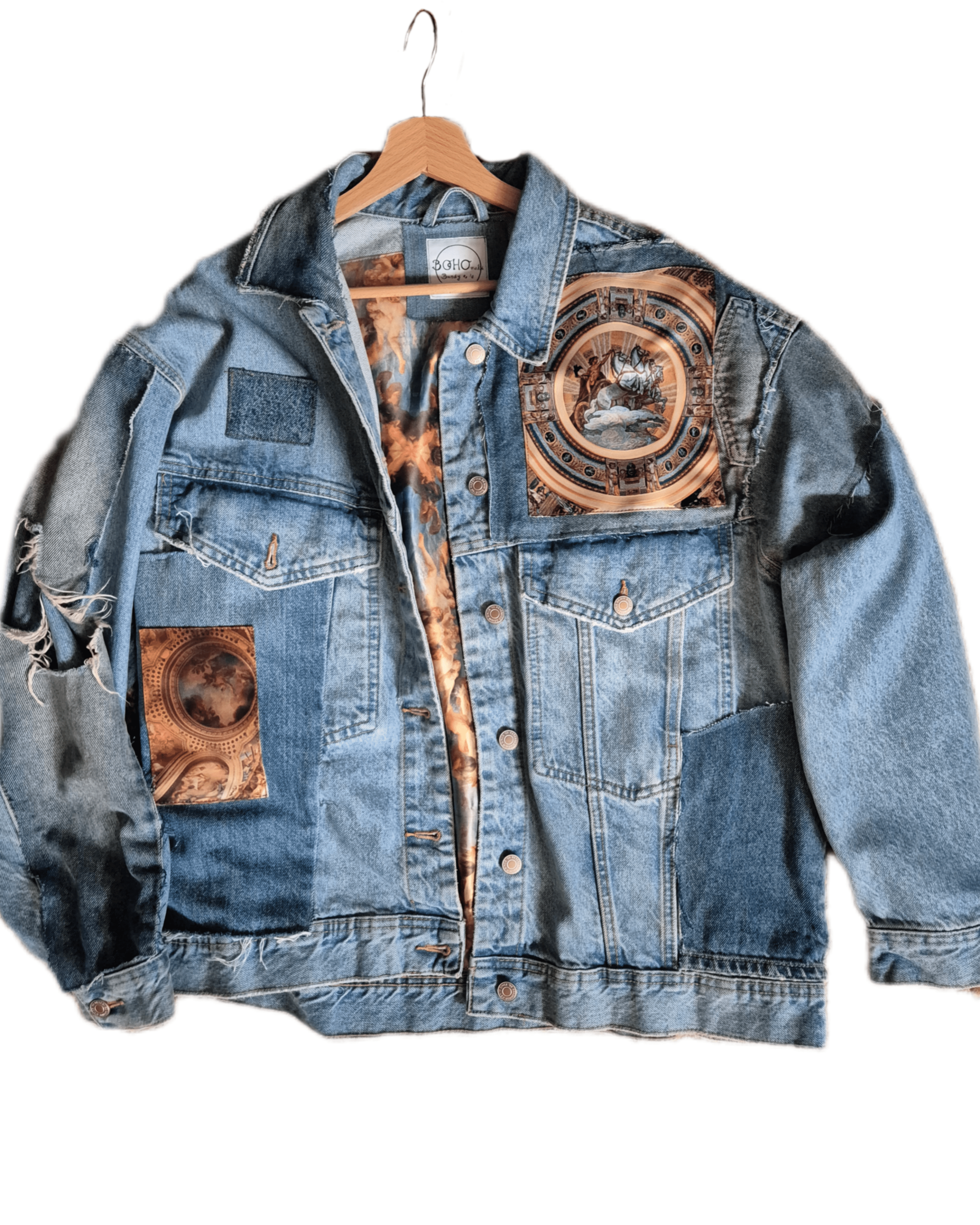 Custom embroidered denim jacket with bohemian patches