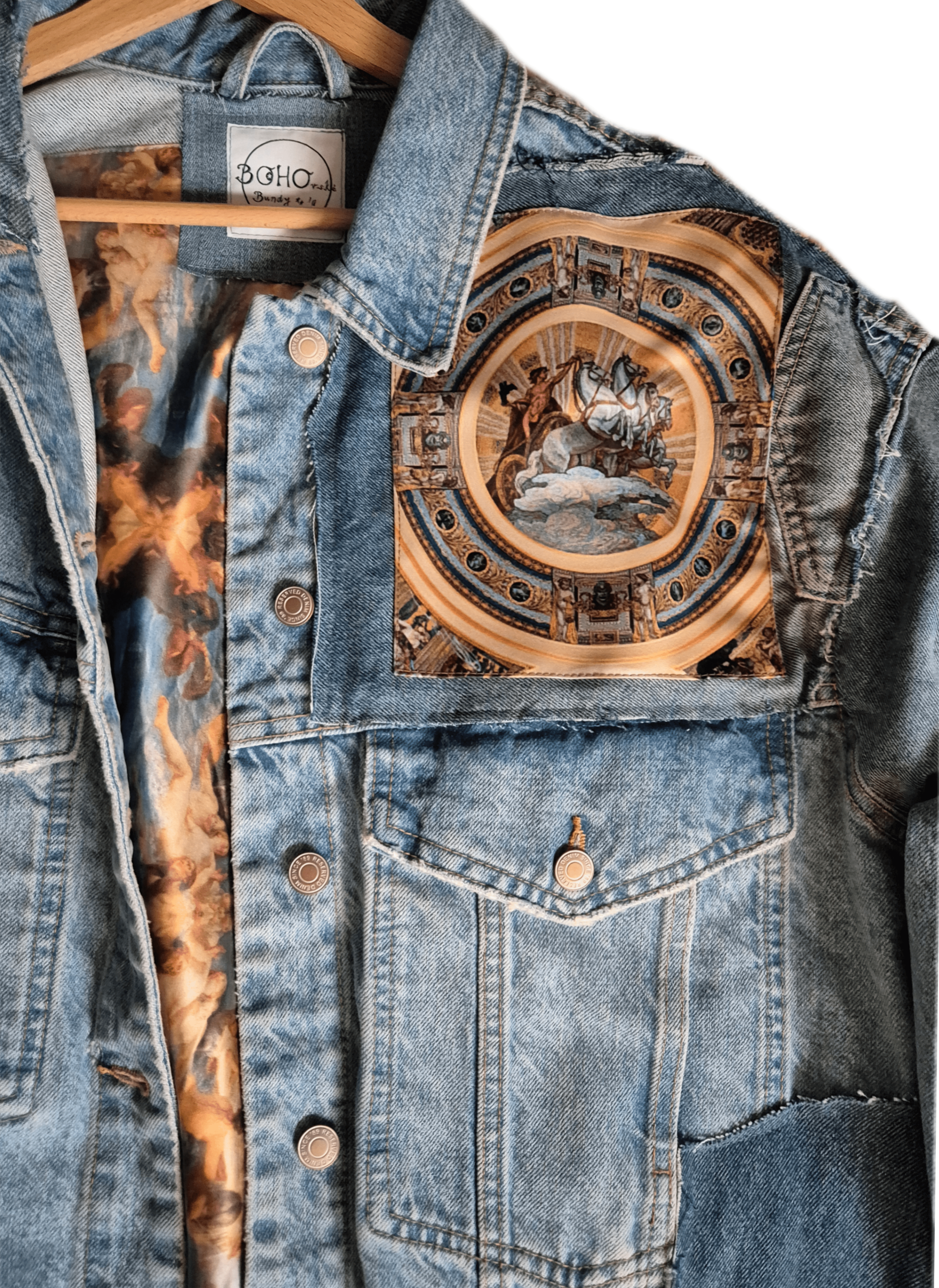 Custom embroidered denim jacket with bohemian patches