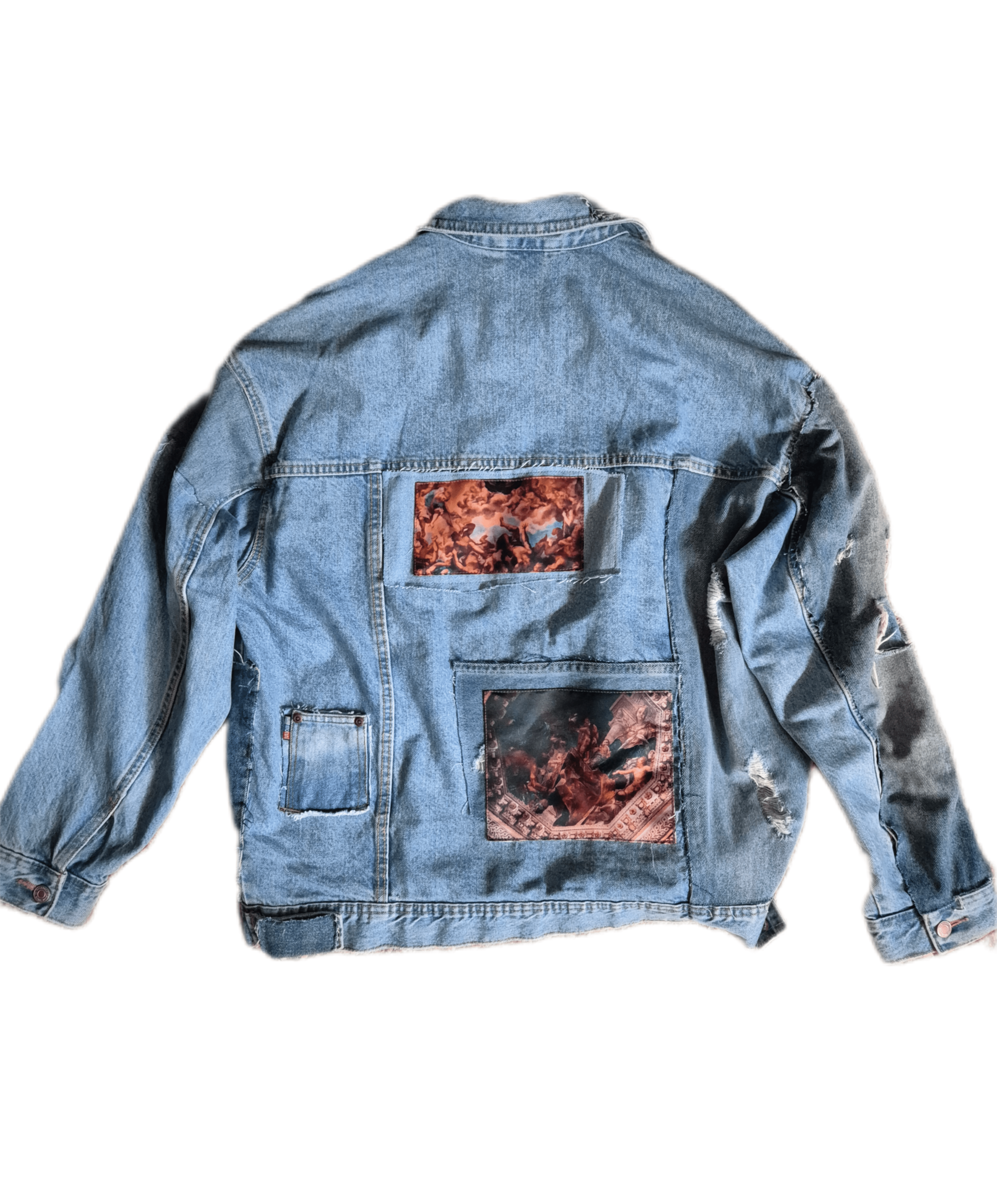 Custom embroidered denim jacket with bohemian patches